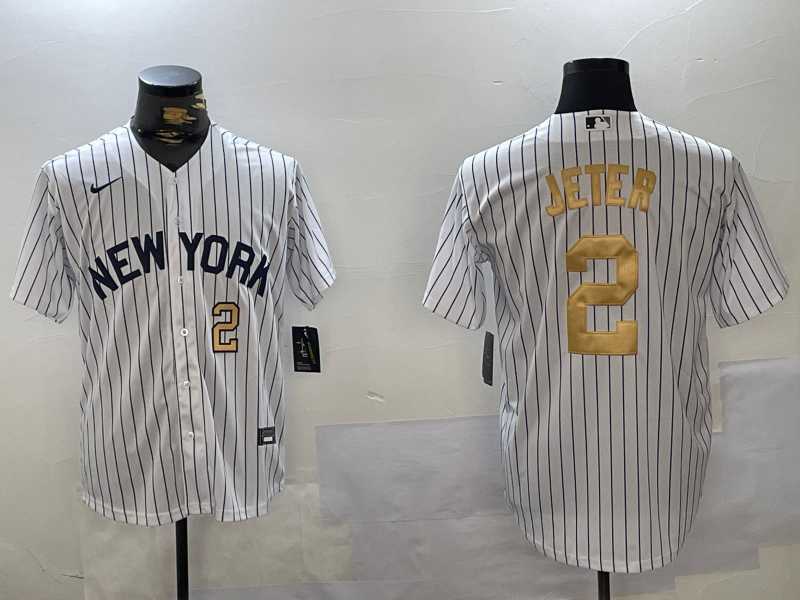 Mens New York Yankees #2 Derek Jeter White Pinstripe Fashion Cool Base Jerseys